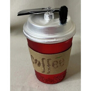 Robert Stanley Red Cup Coffee Blown Glass Christmas‎ Holiday Ornament NEW